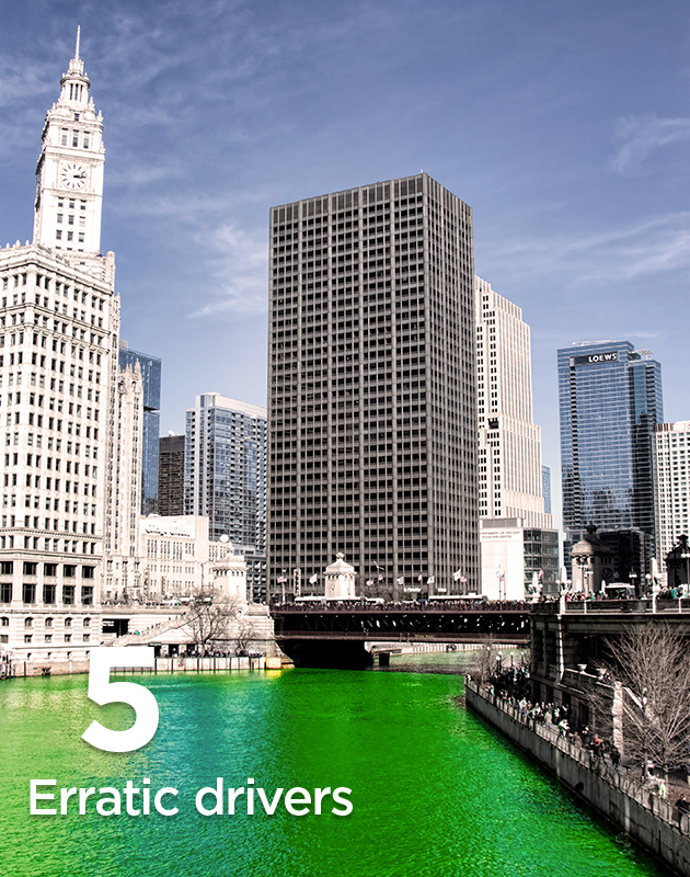 Erratic Drivers - image of downtown Chicago and the river dyed green for St. Patrick's Day.